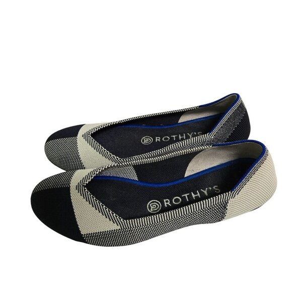 Rothy's The Flat Round Cap Toe Plaid Black Cream Retired Pattern Neutral Size 8 - Picture 3 of 10